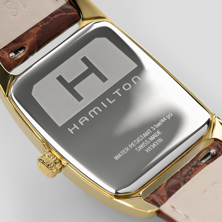 Hamilton American Classic Boulton Quartz watch in stainless steel with yellow-gold PVD coating and leather strap, 27 × 32 mm, H13431553