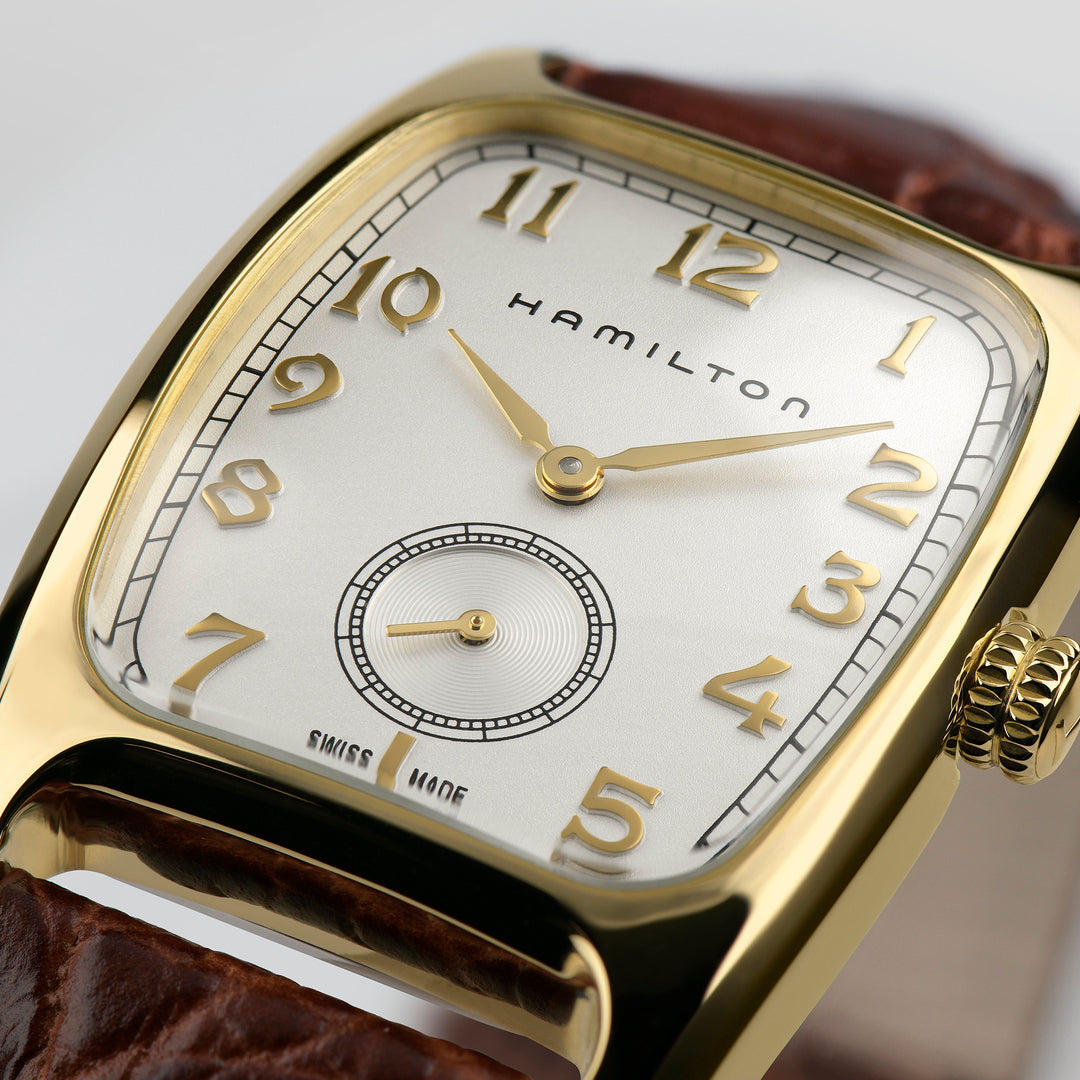 Hamilton American Classic Boulton Quartz watch in stainless steel with yellow-gold PVD coating and leather strap, 27 × 32 mm, H13431553