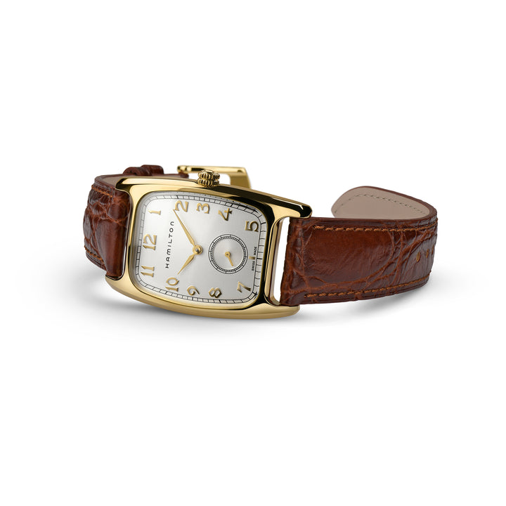Hamilton American Classic Boulton Quartz watch in stainless steel with yellow-gold PVD coating and leather strap, 27 × 32 mm, H13431553