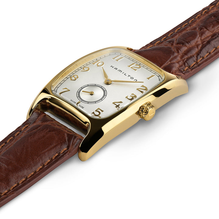 Hamilton American Classic Boulton Quartz watch in stainless steel with yellow-gold PVD coating and leather strap, 27 × 32 mm, H13431553