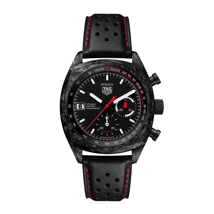 Montre TAG Heuer Monza Flyback Chronograph automatique en carbone forgé bracelet cuir 42 mm CR5092.FC8372