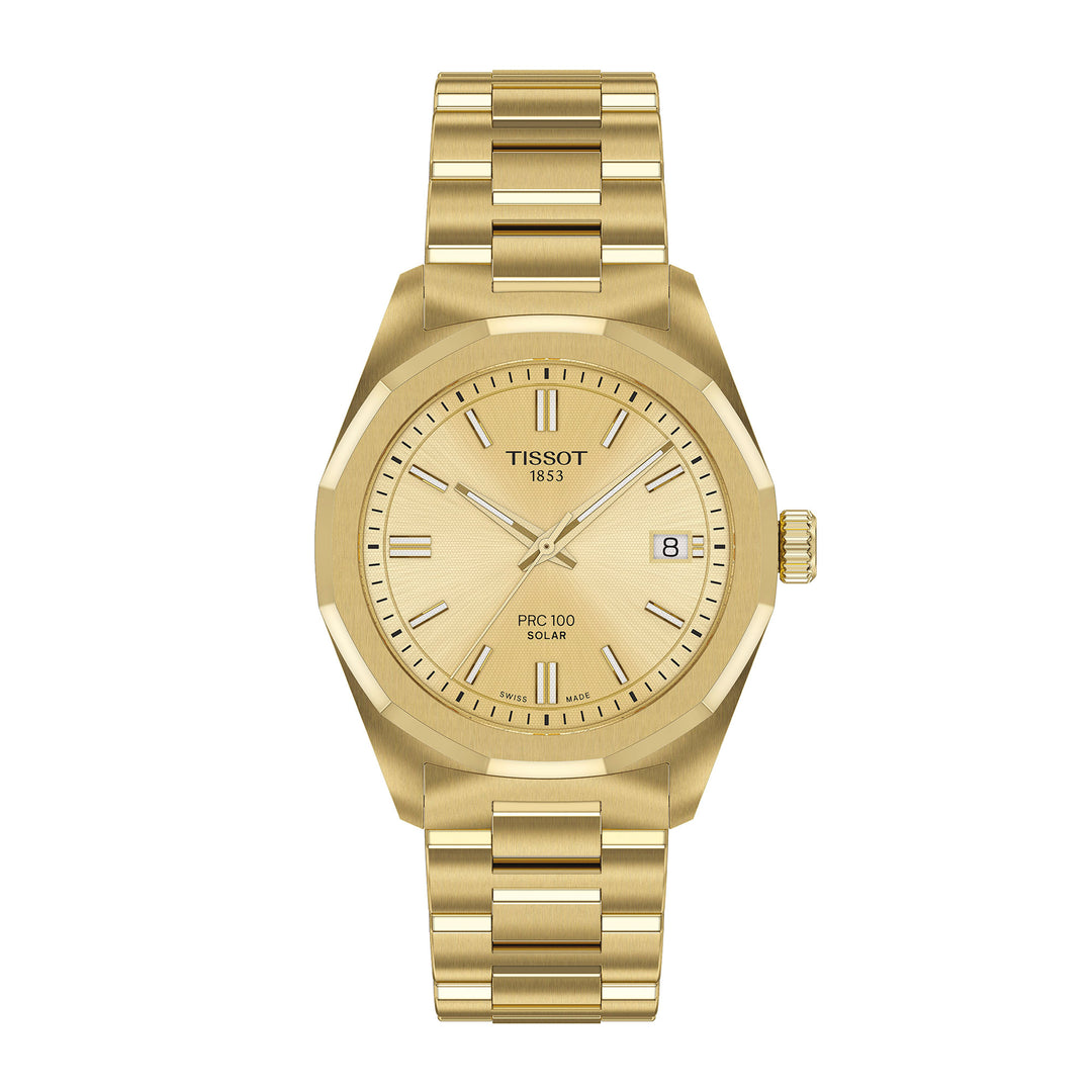 Tissot PRC 100 Solar quartz solar watch in stainless steel with yellow gold PVD coating 34 mm T151.822.33.021.00