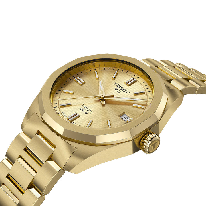 Tissot PRC 100 Solar quartz solar watch in stainless steel with yellow gold PVD coating 34 mm T151.822.33.021.00
