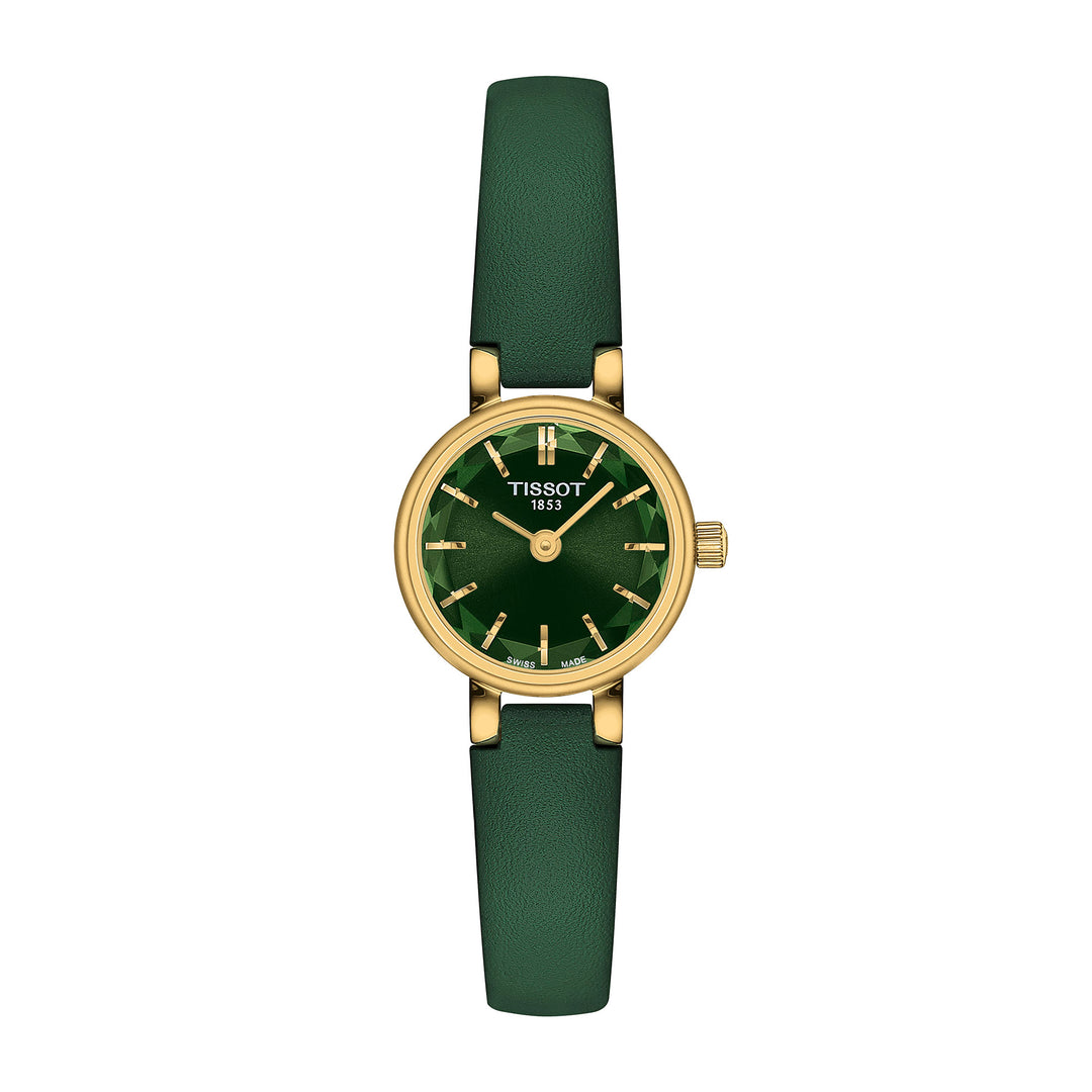 Montre Tissot Lovely Round quartz en acier inoxydable revêtement PVD or jaune bracelet cuir 19.5 mm T140.009.36.091.00