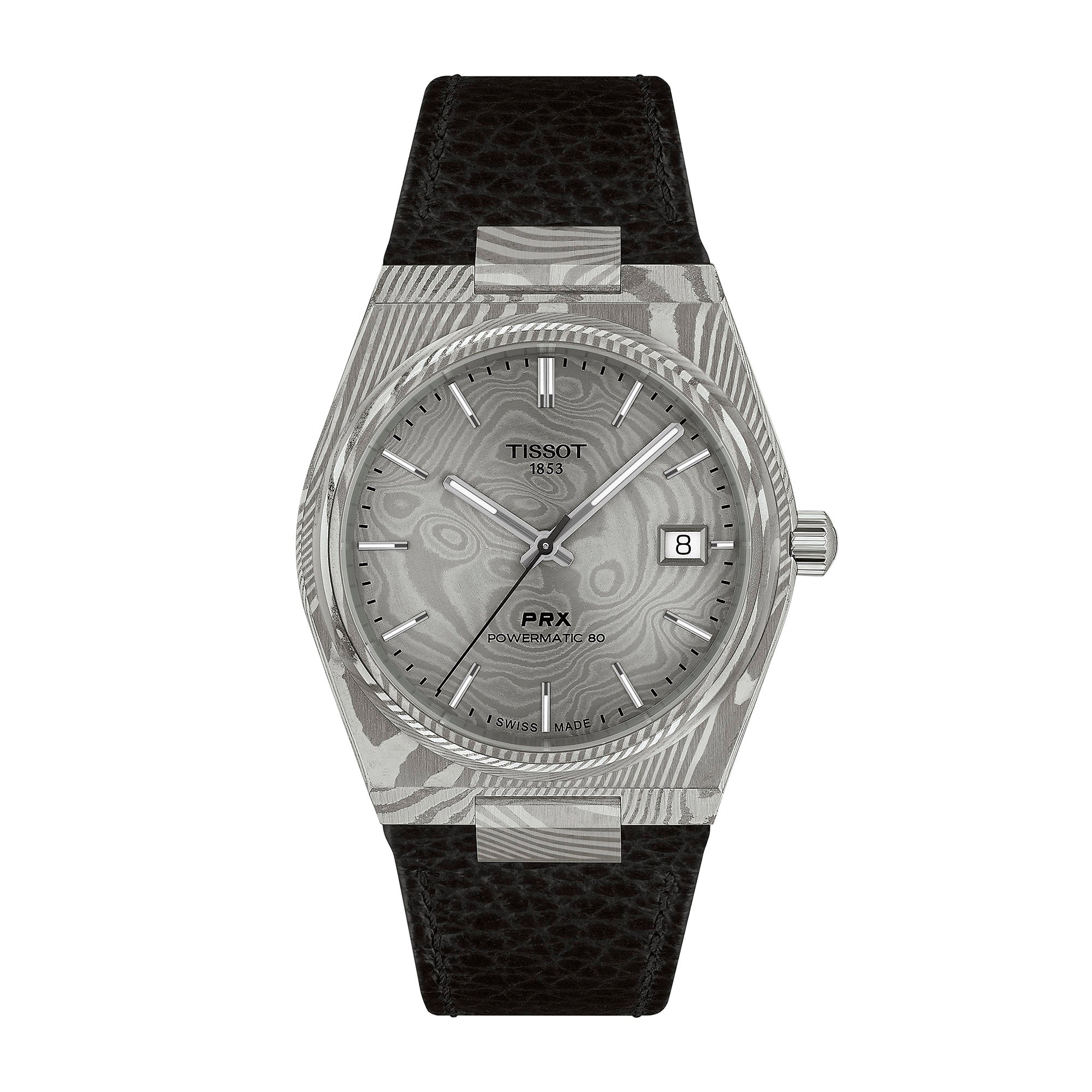 Montre Tissot PRX Acier Damas Powermatic 80 automatique en acier inoxydable damassé bracelet cuir 38 mm T137.807.96.081.00