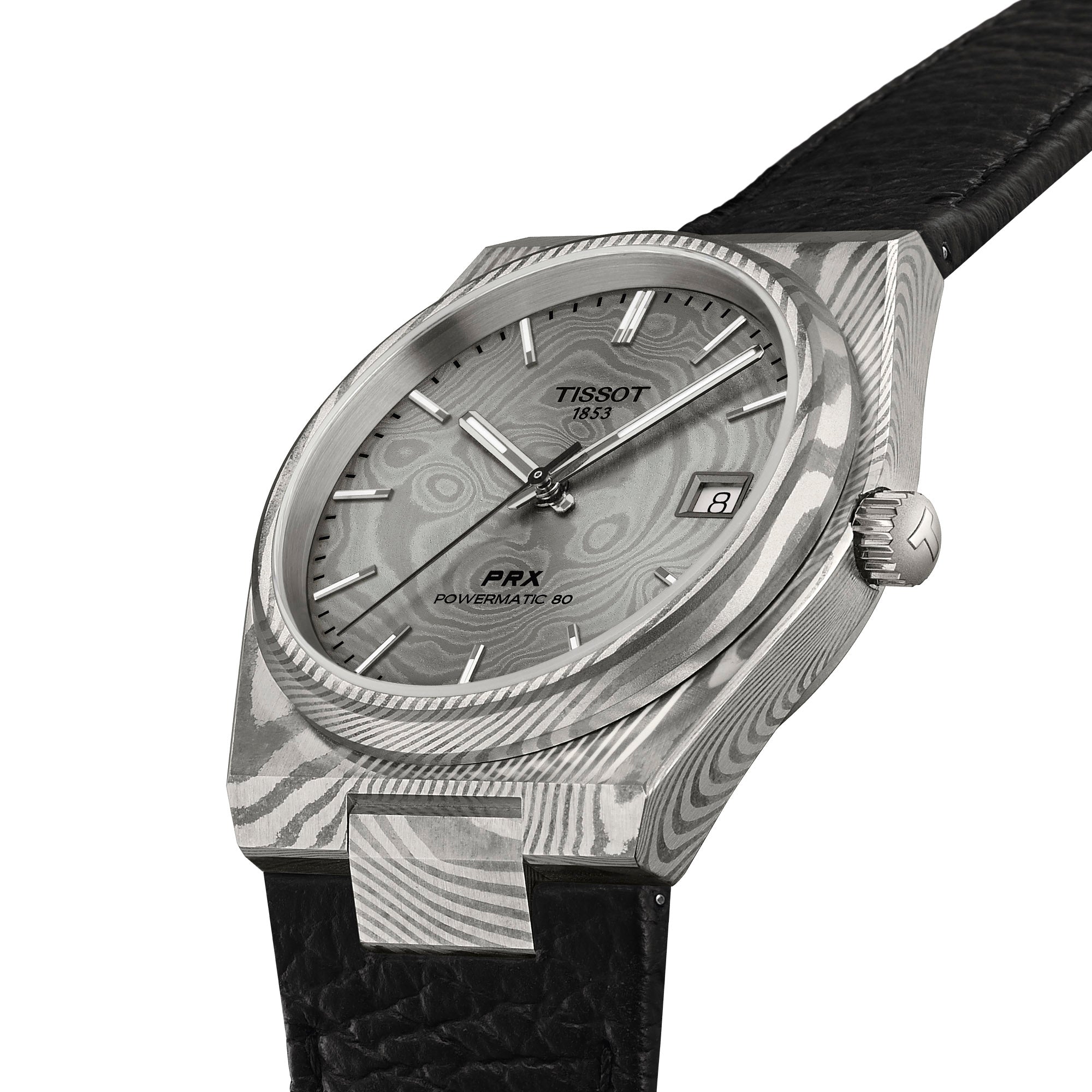 Montre Tissot PRX Acier Damas Powermatic 80 automatique en acier inoxydable damassé bracelet cuir 38 mm T137.807.96.081.00