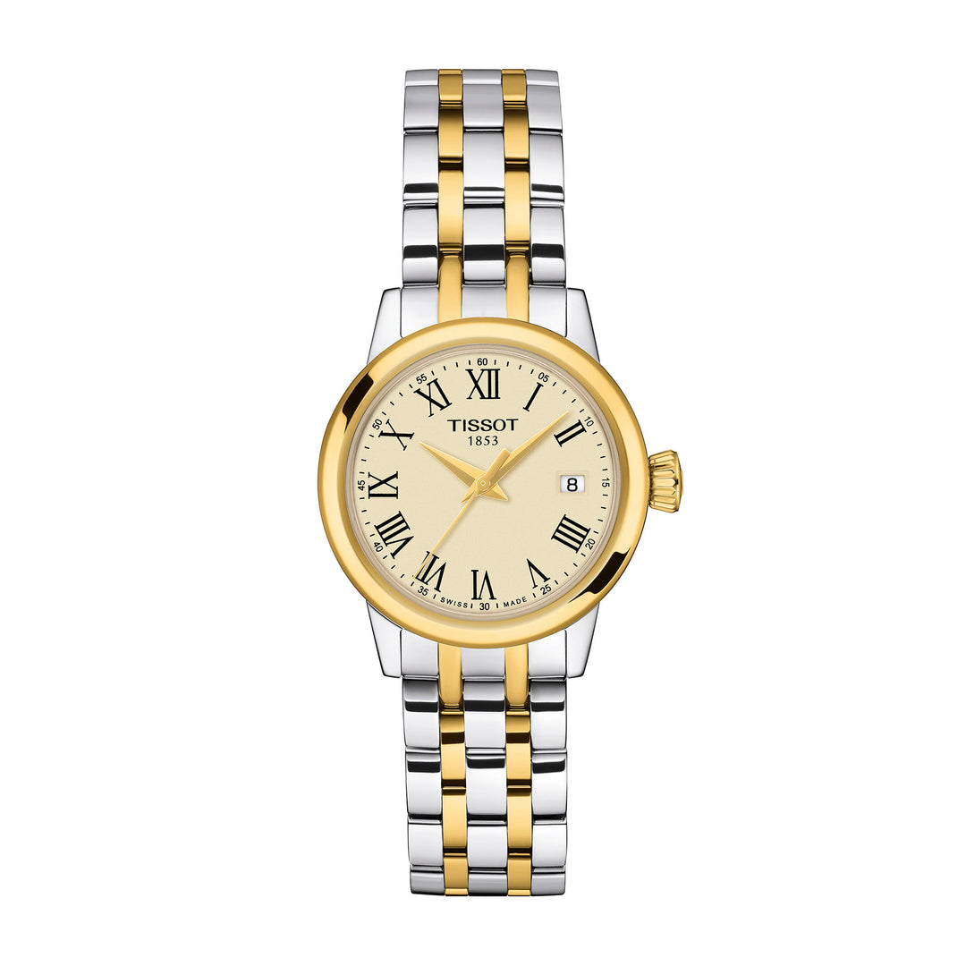 Tissot Classic Dream Lady quartz watch in two-tone stainless steel with yellow gold PVD coating, 28 mm T129.210.22.263.00
