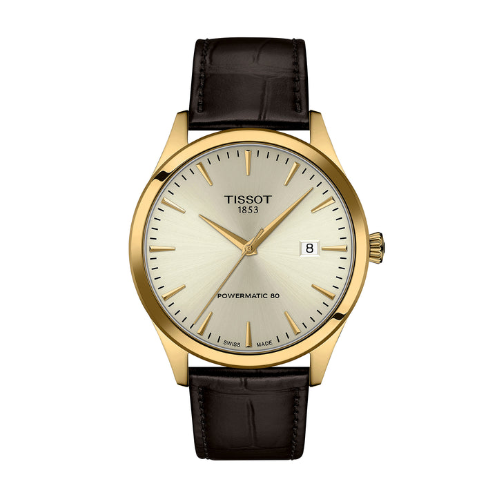 Montre Tissot Classic Dream automatique en acier inoxydable revêtement PVD or jaune bracelet cuir 40 mm T158.407.36.261.00