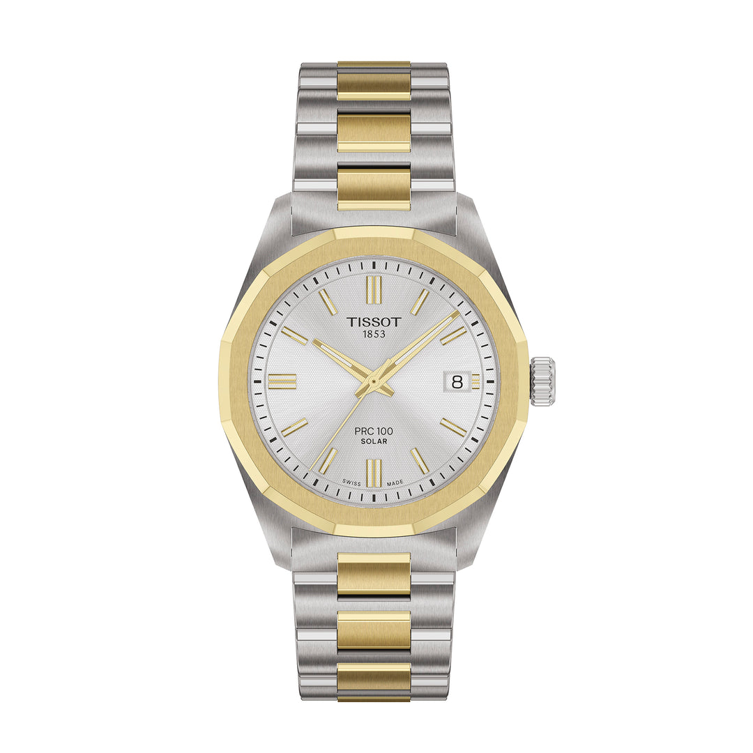 Tissot PRC 100 Solar quartz solar watch in two-tone stainless steel with yellow gold PVD coating, 34 mm T151.822.22.031.00