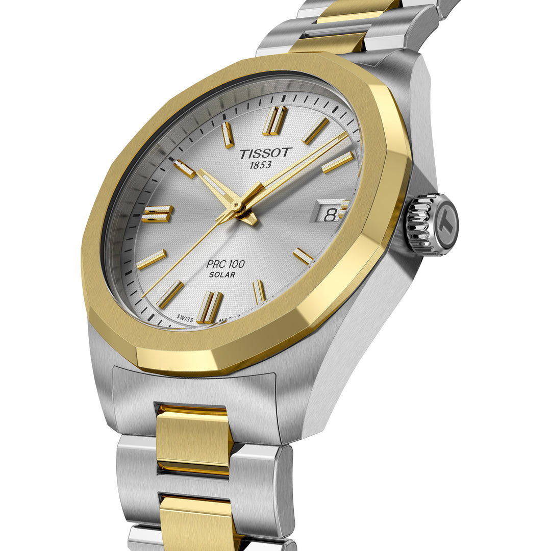 Tissot PRC 100 Solar quartz solar watch in two-tone stainless steel with yellow gold PVD coating, 34 mm T151.822.22.031.00