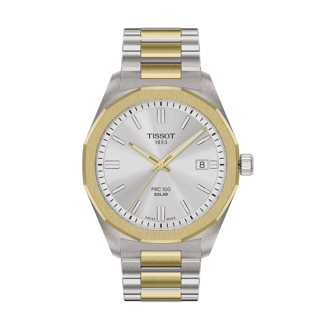 Tissot PRC 100 Solar quartz solar watch in two-tone stainless steel with yellow gold PVD coating, 39 mm T151.422.22.031.00