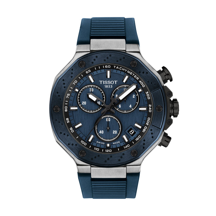 Montre Tissot T-Race quartz en acier inoxydable revêtement PVD noir et bleu bracelet silicone 45 mm T141.417.27.041.00