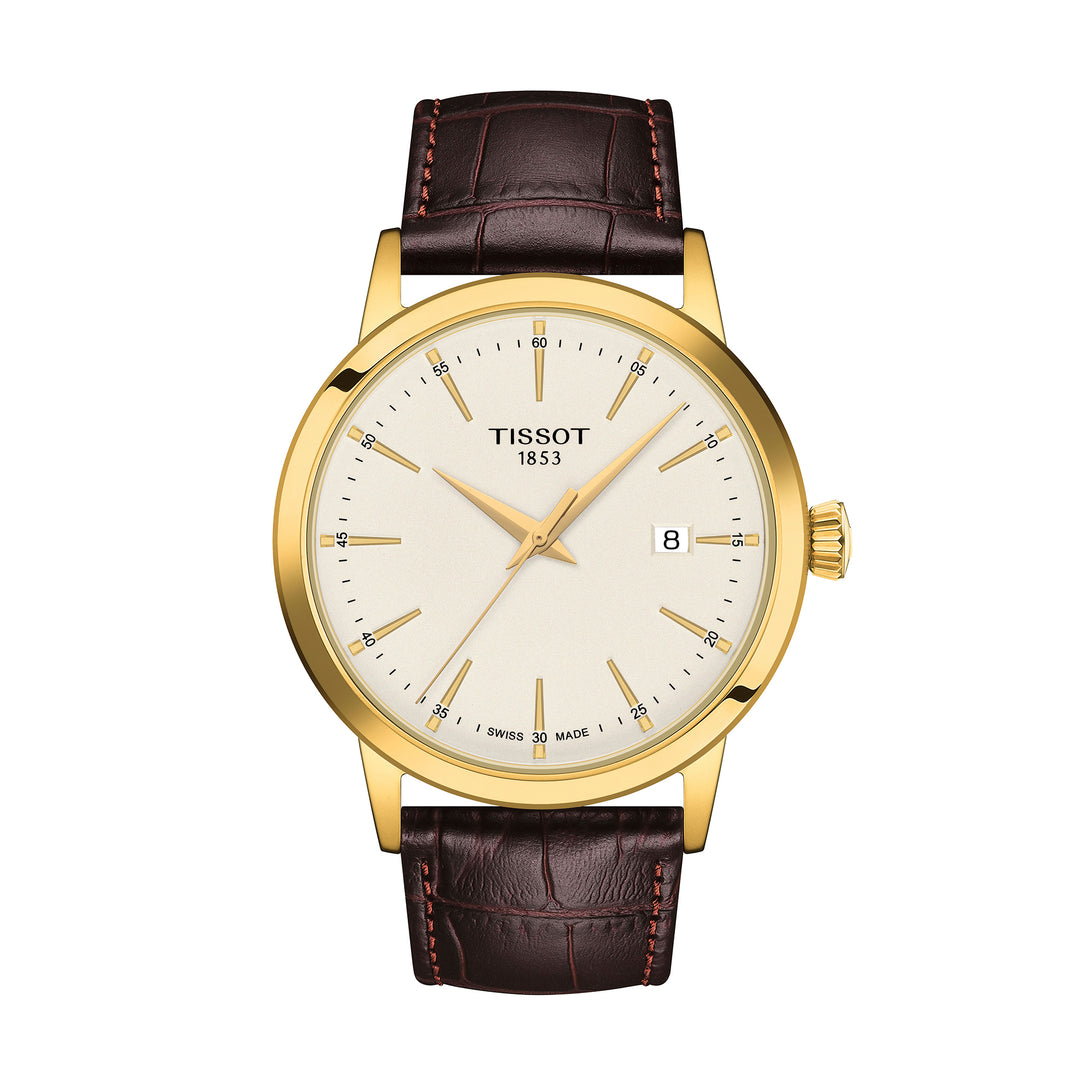 Tissot Classic Dream quartz watch in stainless steel with yellow gold PVD coating, leather strap, 42 mm T129.410.36.261.00