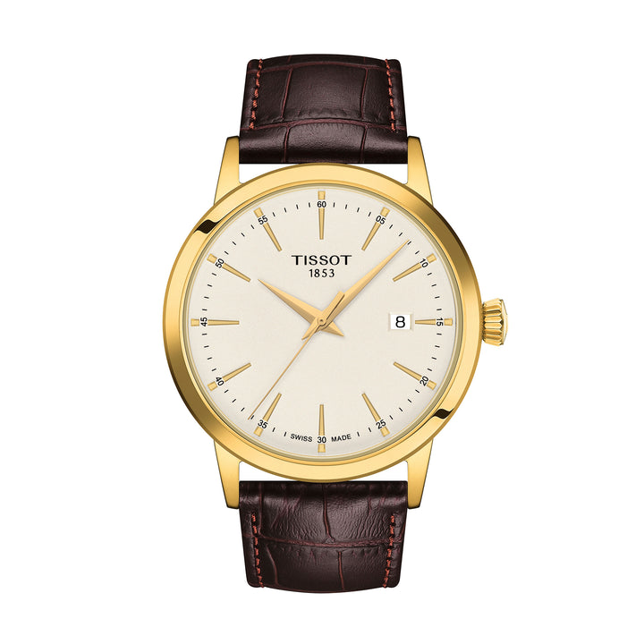 Tissot Classic Dream quartz watch in stainless steel with yellow gold PVD coating, leather strap, 42 mm T129.410.36.261.00