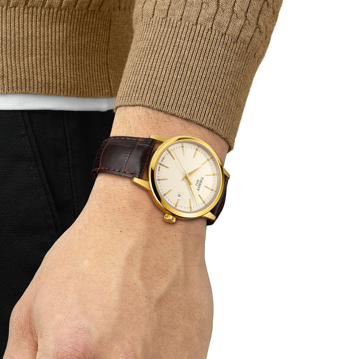 Tissot Classic Dream quartz watch in stainless steel with yellow gold PVD coating, leather strap, 42 mm T129.410.36.261.00