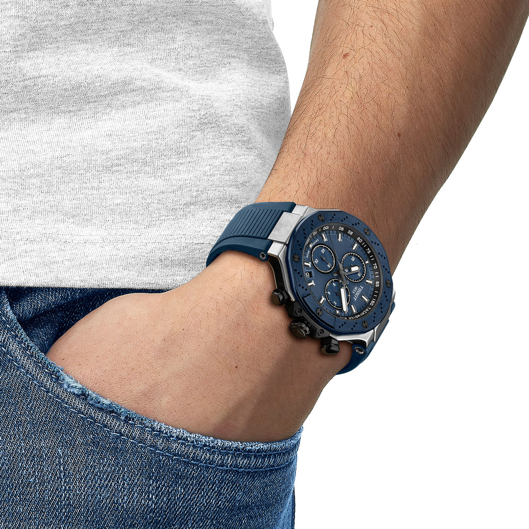 Montre Tissot T-Race quartz en acier inoxydable revêtement PVD noir et bleu bracelet silicone 45 mm T141.417.27.041.00