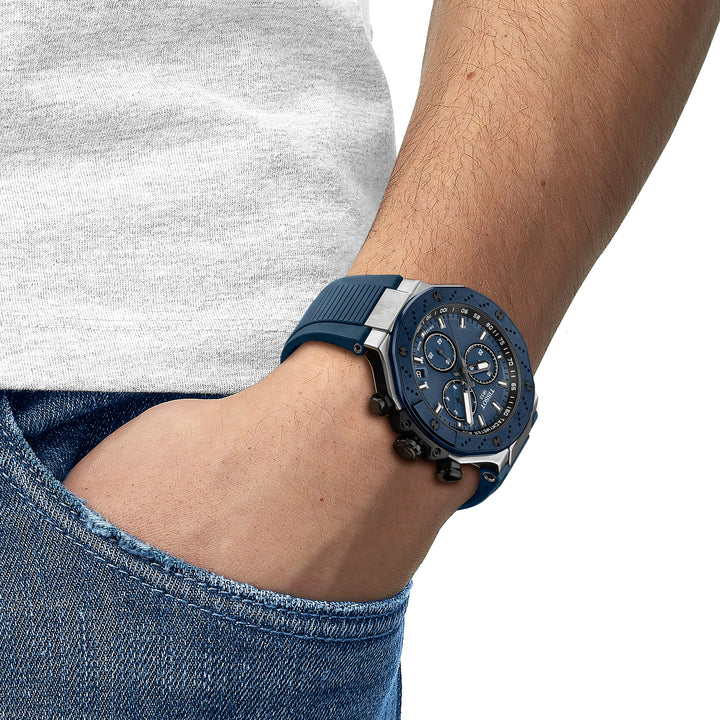Montre Tissot T-Race quartz en acier inoxydable revêtement PVD noir et bleu bracelet silicone 45 mm T141.417.27.041.00