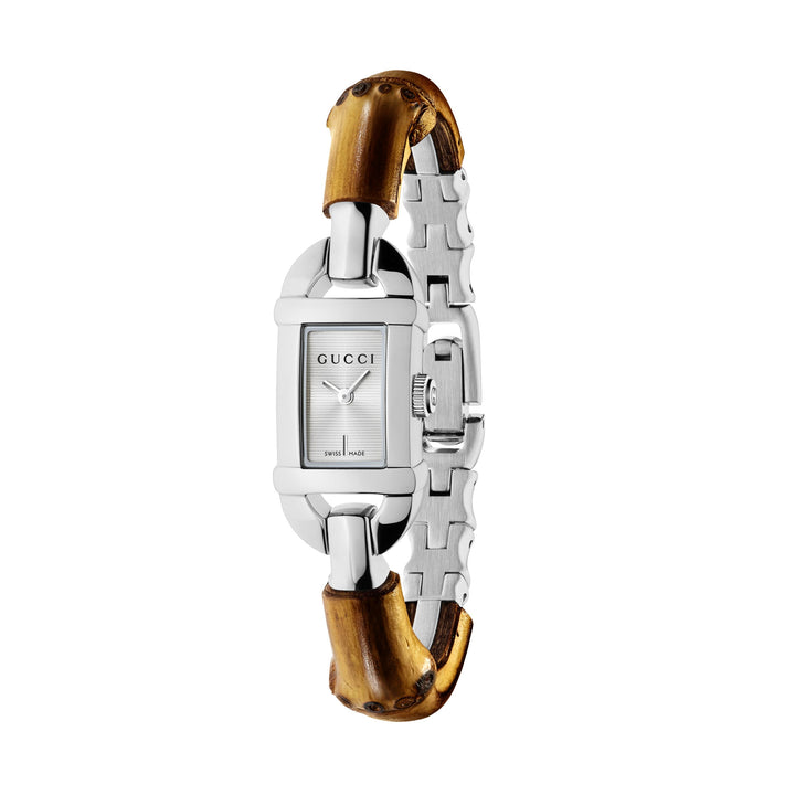 Gucci Bamboo quartz watch in stainless steel with bamboo wood bracelet 22mm x 17mm YA170502
