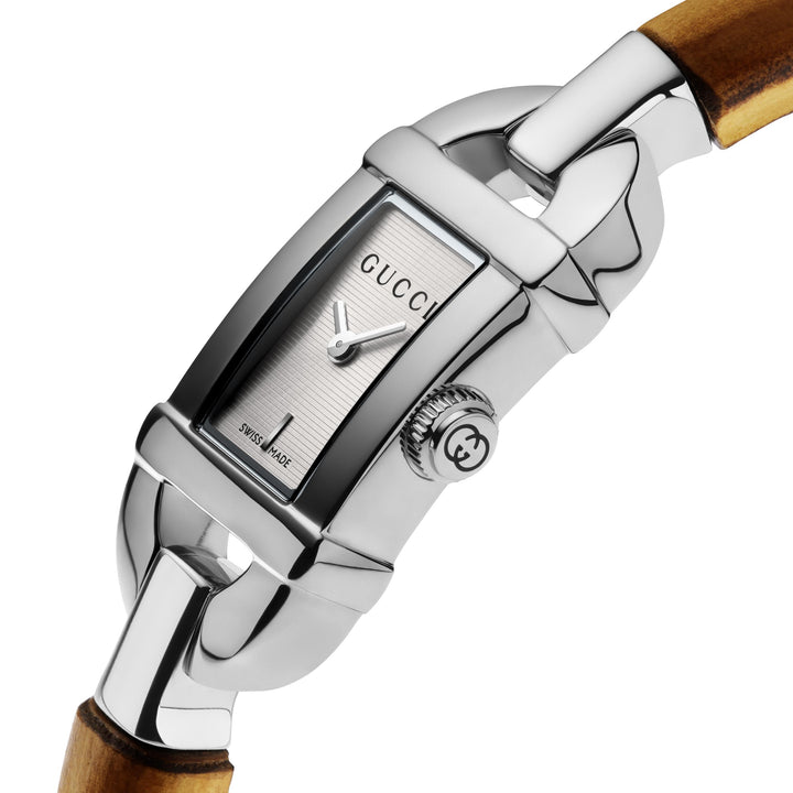 Gucci Bamboo quartz watch in stainless steel with bamboo wood bracelet 22mm x 17mm YA170502