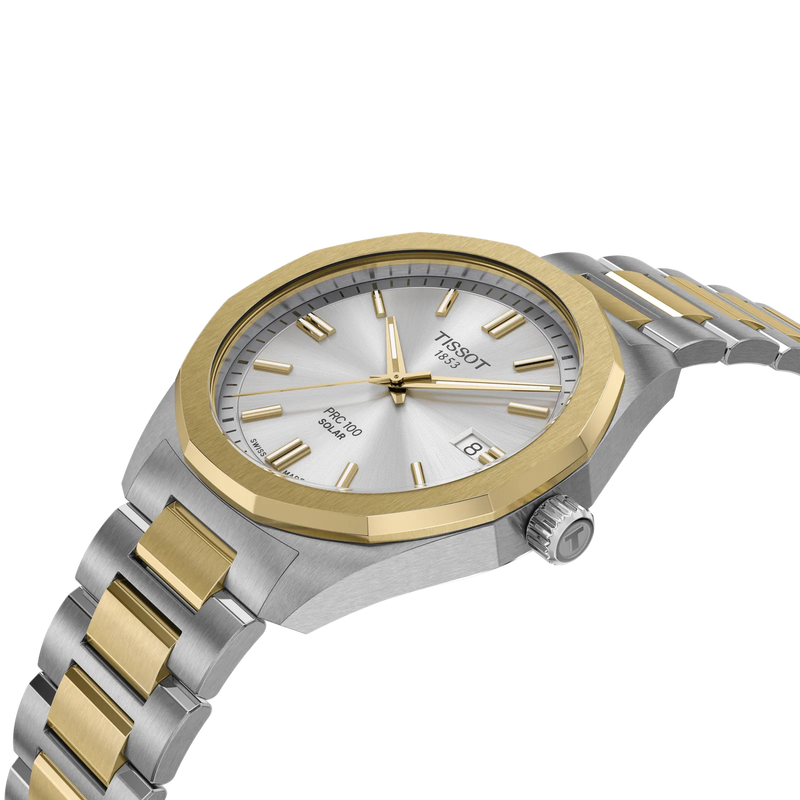 Tissot PRC 100 Solar quartz solar watch in two-tone stainless steel with yellow gold PVD coating, 39 mm T151.422.22.031.00