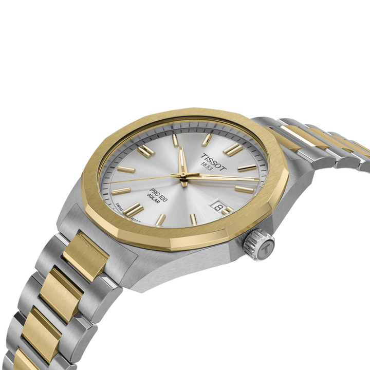 Tissot PRC 100 Solar quartz solar watch in two-tone stainless steel with yellow gold PVD coating, 39 mm T151.422.22.031.00