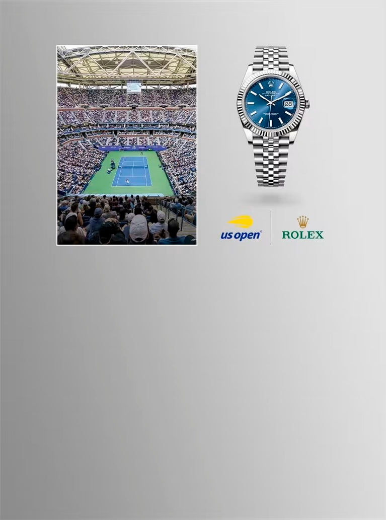 A Rolex watch displayed prominently with a tennis court in the background at the US Open stadium.