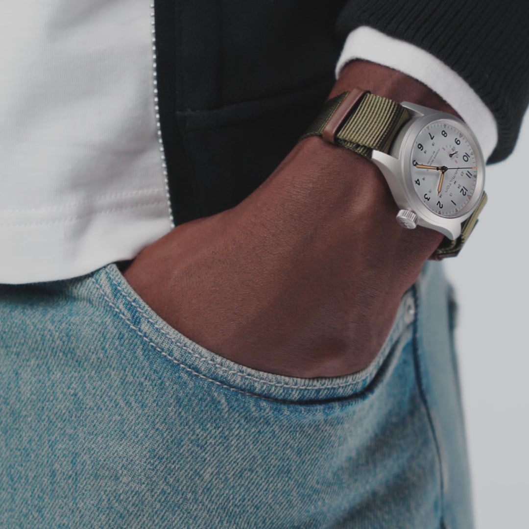 Hamilton Khaki Field Mechanical Power Reserve hand-wound stainless steel watch with fabric strap, 40 mm, H69509910