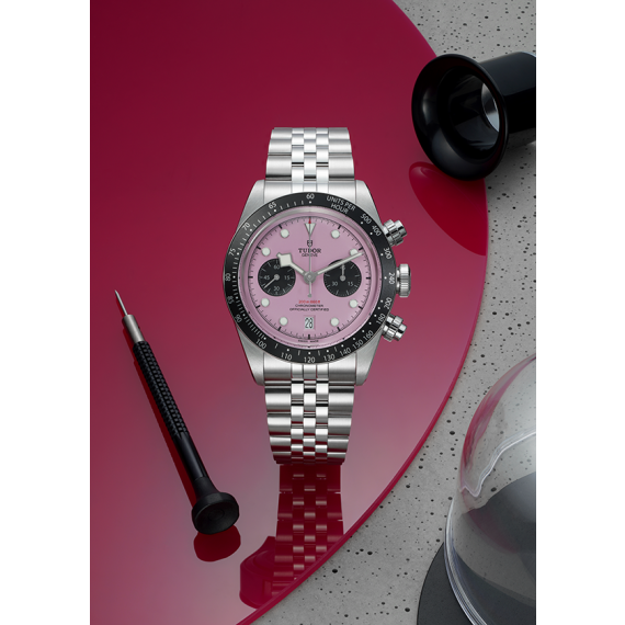 Black Bay Chrono Pink new edition marcch 2024 on a pink background 